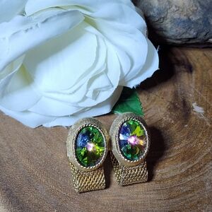 Vintage RARE Gold Tone Mesh Wrap Cufflinks Watermelon Glass Rivoli Gemstones